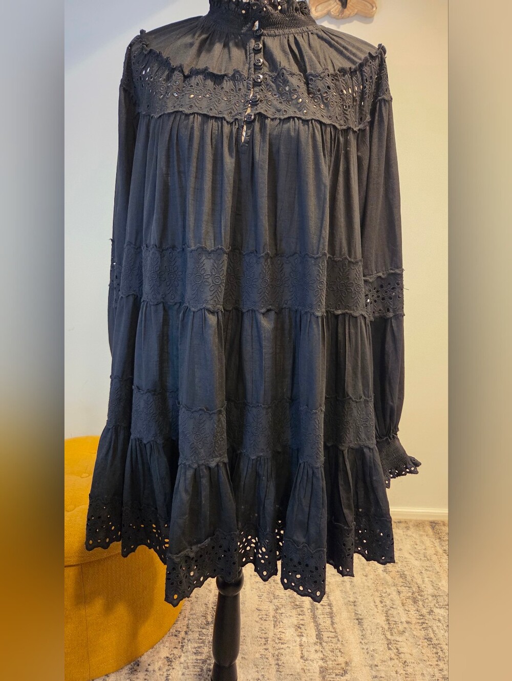 Anthropologie /Maeve Black Eyelet Tiered Mini Dress with Long Sleeves    Size XL - Picture 5 of 15